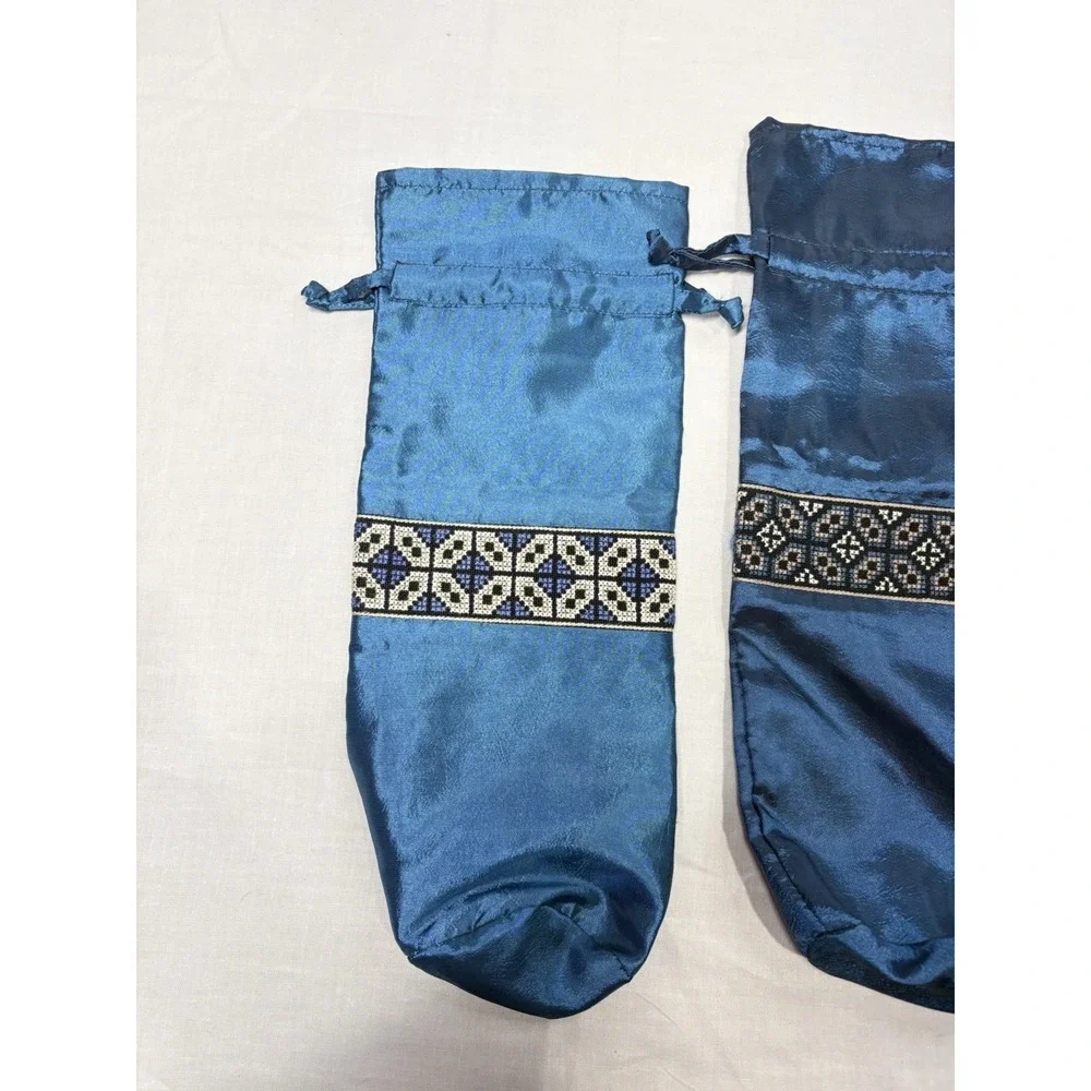 Set of 2‎ Blue Satin Drawstring Bags Embroidered Trim Folk Style Gift Pouches